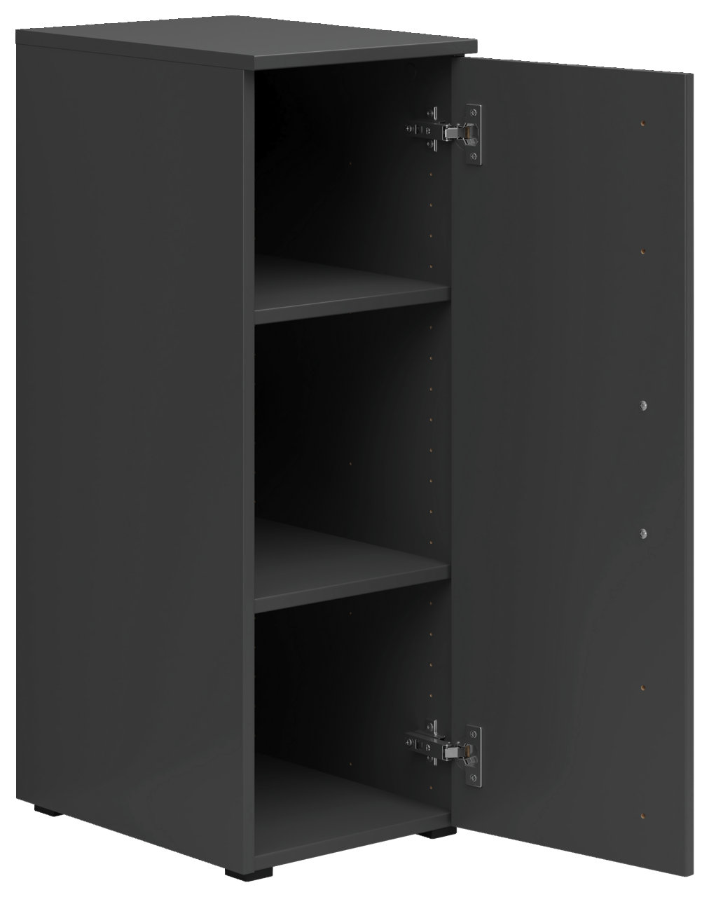 Schwarzer Mehrzweckschrank mit geöffneter Tür, zwei Einlegeböden sichtbar, Perspektive von vorne links