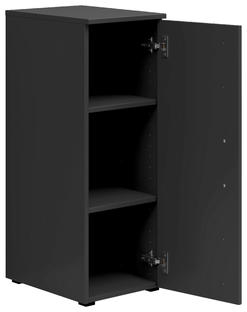 Schwarzer Mehrzweckschrank mit geöffneter Tür, zwei Einlegeböden sichtbar, Perspektive von vorne links