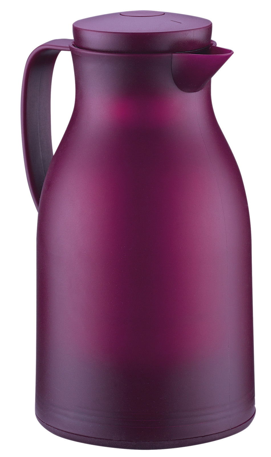 Lila Isolierkanne aus Kunststoff, seitliche Perspektive