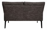 Rückansicht einer grauen Bank mit schwarzen Metallbeinen, 160 cm breit.