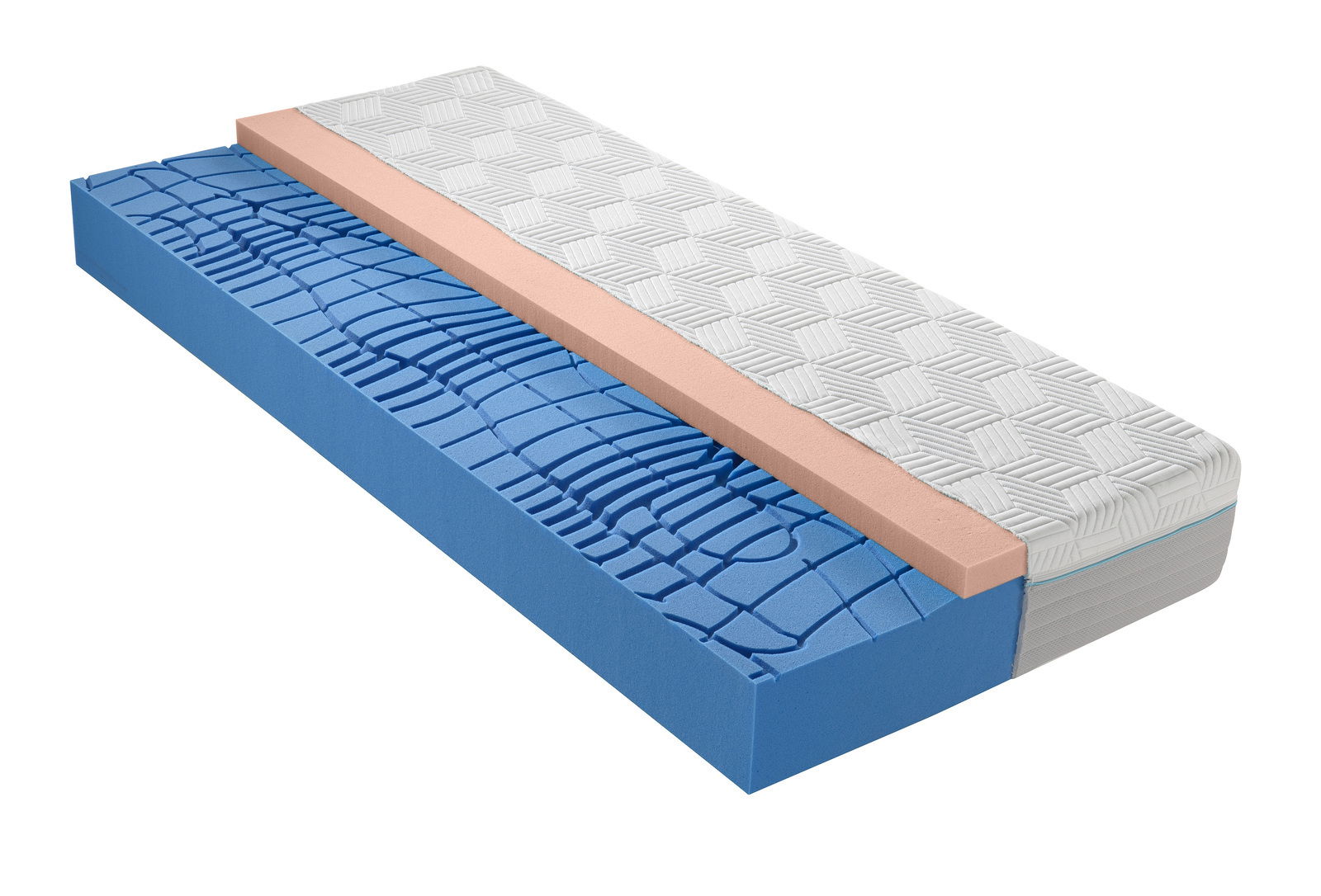 Seitliche Ansicht einer Gel-Kaltschaummatratze mit blauer, strukturierter Schicht und weißem Bezug.