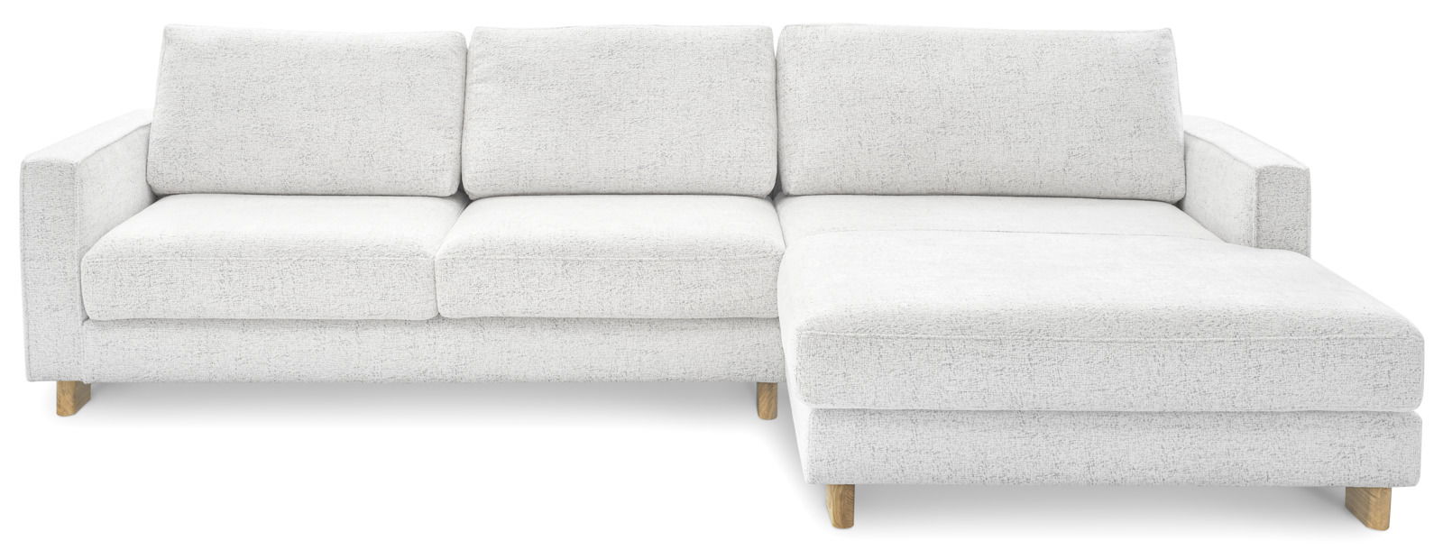 Ecksofa COLORADO von Musterring in heller Farbe, frontal fotografiert mit einer Ottomane auf der rechten Seite.