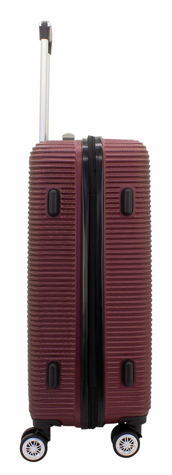 Burgunderfarbener Trolley, 60 cm, Seitenansicht mit ausgezogenem Griff und vier Rollen.