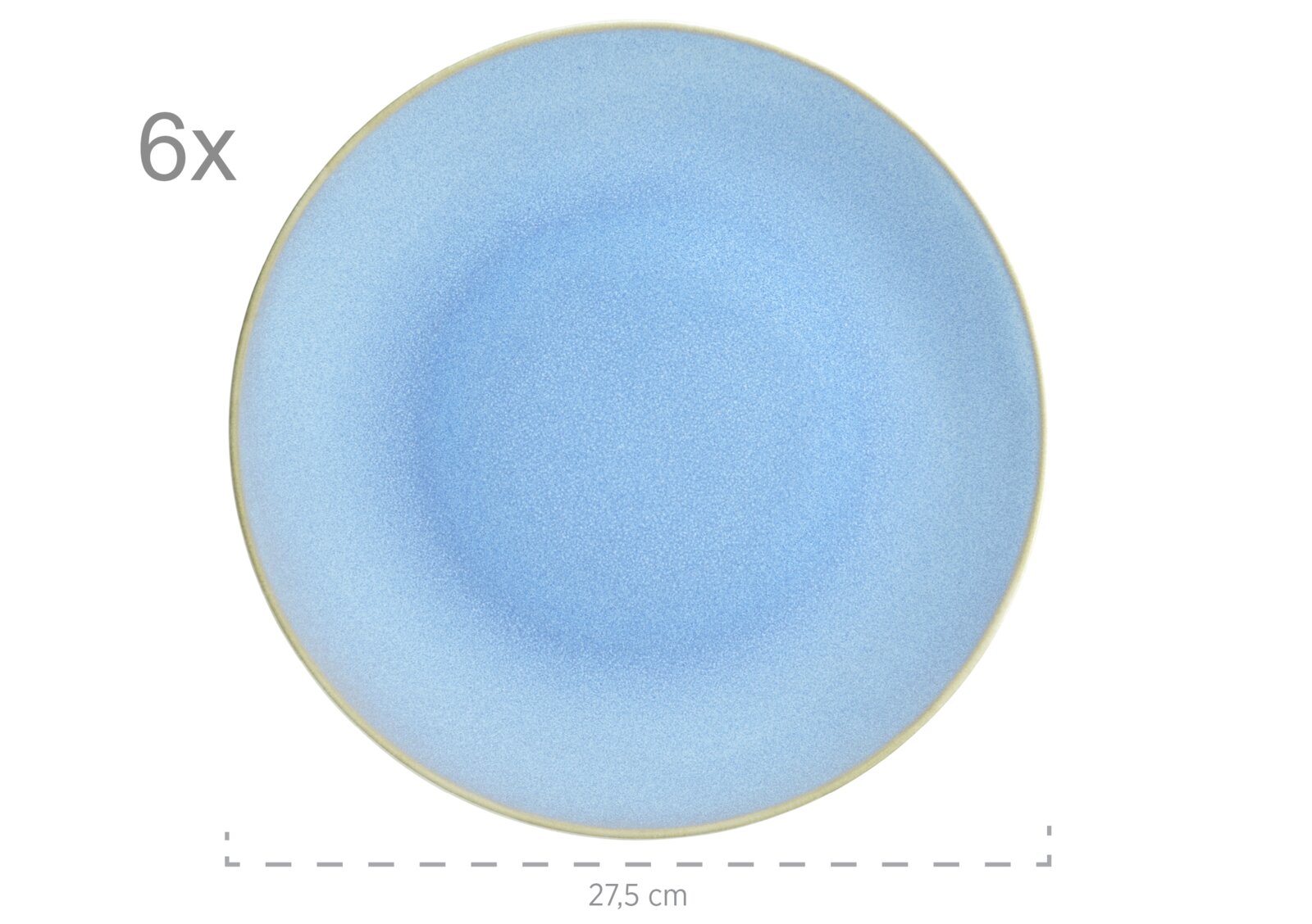 Runder, hellblauer Speiseteller mit feinem Sprenkel-Finish und schmalem beigem Rand, Durchmesser ca. 27,5 cm, Draufsicht von oben; 6er-Set
