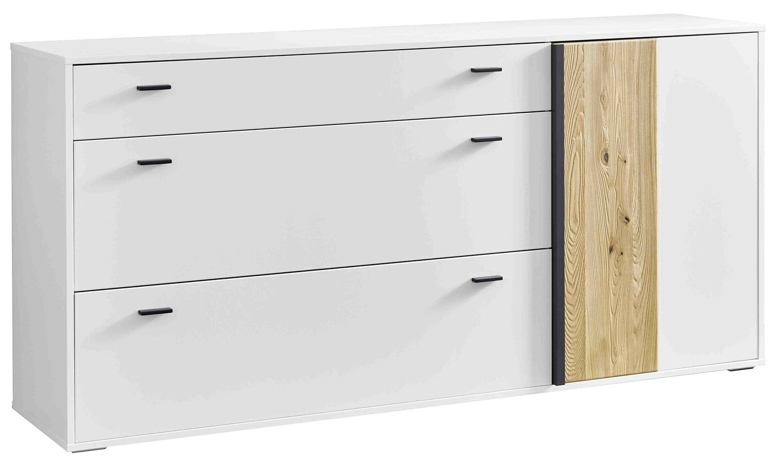 Weißes Sideboard mit drei Schubladen und einer Holztür, seitliche Perspektive
