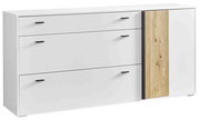 Weißes Sideboard mit drei Schubladen und einer Holztür, seitliche Perspektive