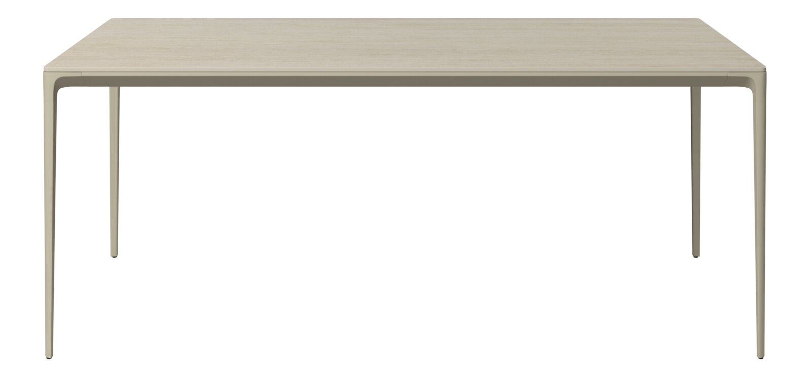 Moderner Gartentisch aus Holz mit schlanken Beinen, frontal betrachtet.