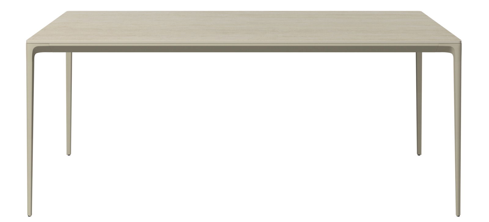 Moderner Gartentisch aus Holz mit schlanken Beinen, frontal betrachtet.