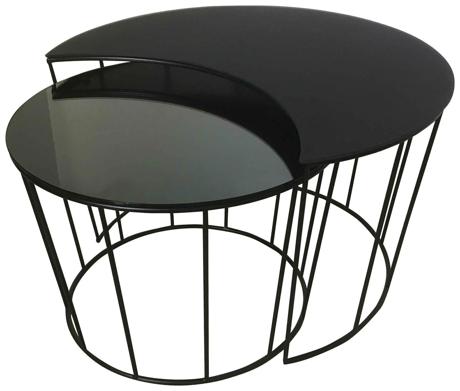 Zweier-Set Beistelltische mit schwarzer Glasplatte und Metallgestell, perspektivisch von oben fotografiert