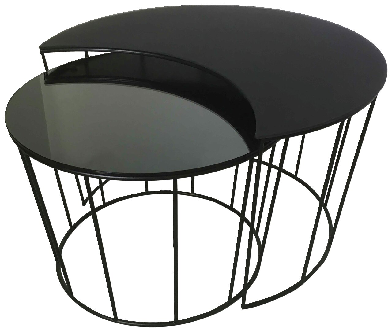 Zweier-Set Beistelltische mit schwarzer Glasplatte und Metallgestell, perspektivisch von oben fotografiert