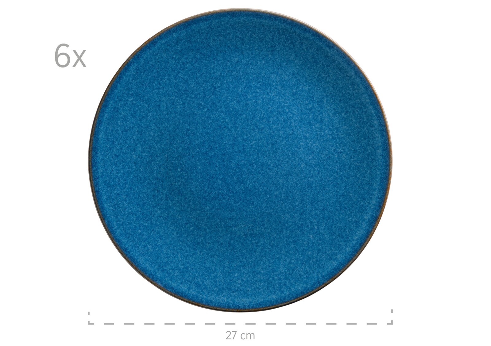 Runder blauer Keramikteller mit braunem Rand, Ø 27 cm, Set aus 6 Stück, Draufsicht auf weißem Hintergrund