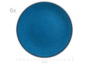 Runder blauer Keramikteller mit braunem Rand, Ø 27 cm, Set aus 6 Stück, Draufsicht auf weißem Hintergrund