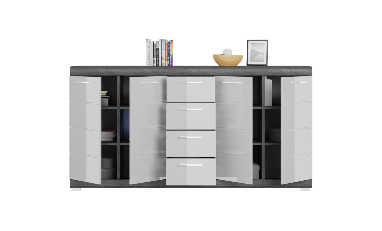 Modernes Sideboard/Kommode in Dunkelgrau-Holzoptik mit weißen Hochglanz-Fronten, geöffneten Türen und ausgezogenen Schubladen, mit offenen Regalfächern; Frontansicht auf weißem Hintergrund.