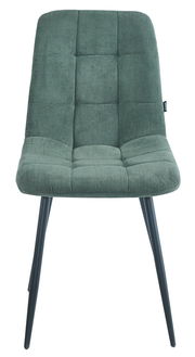 Grüner Stuhl mit geripptem Stoffbezug und schwarzen Metallbeinen, Frontalansicht