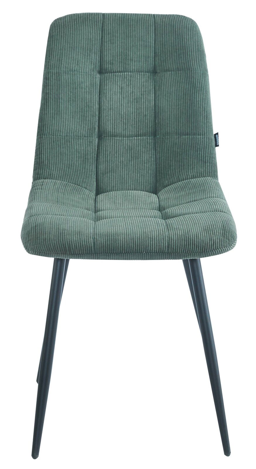 Grüner Stuhl mit geripptem Stoffbezug und schwarzen Metallbeinen, Frontalansicht