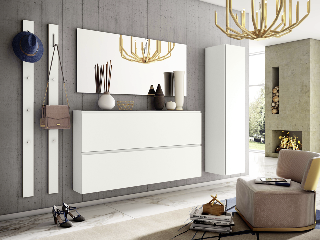 Moderner XL-Hängeschuhschrank in Weiß, frontal abgebildet in einem stilvollen Wohnzimmer mit dekorativen Elementen und einem großen Spiegel.