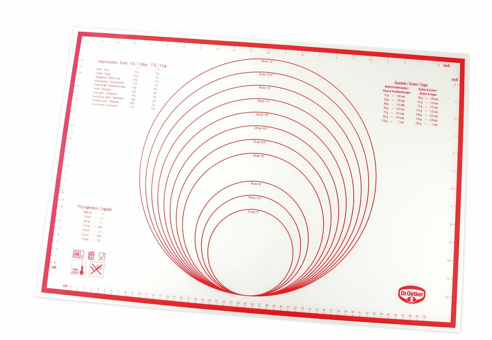 Silikonmatte 60x40cm mit roten Markierungen und Maßeinheiten, Draufsicht
