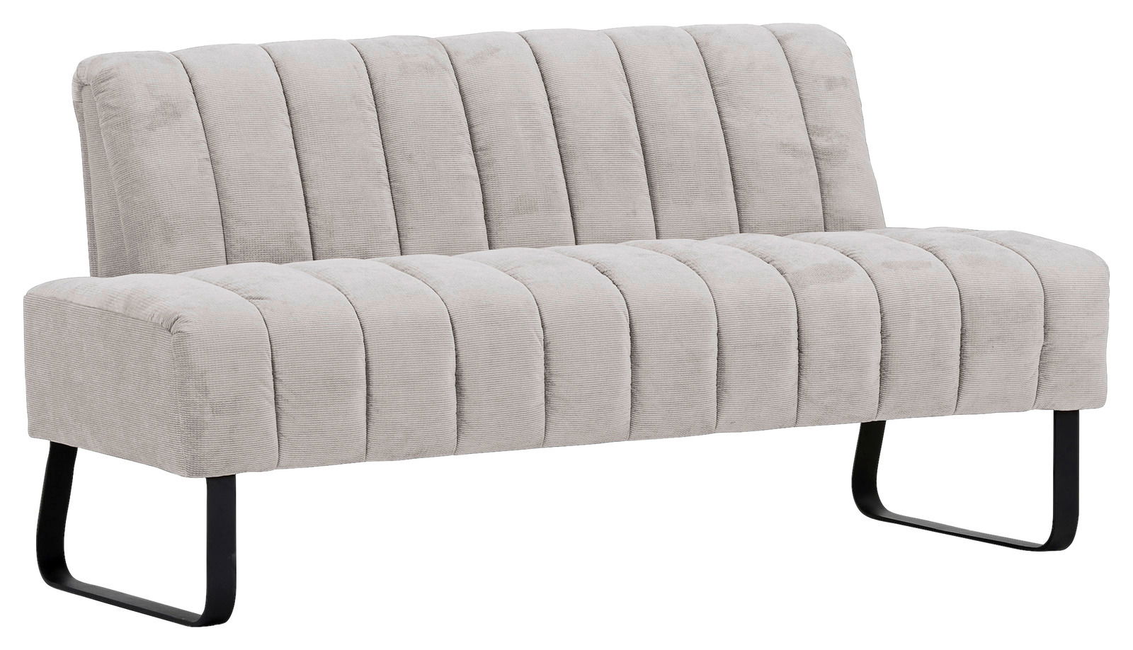 Zweier-Sitzbank in hellgrauem Stoff mit vertikaler Steppung und schwarzen Metallbeinen, seitliche Perspektive