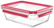Rechteckige Glasbox mit rotem Deckel, seitliche Perspektive