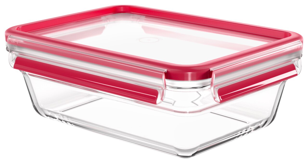Emsa Frischhaltedose CLIP & CLOSE Rechteckige Glasbox mit rotem Deckel, seitliche Perspektive