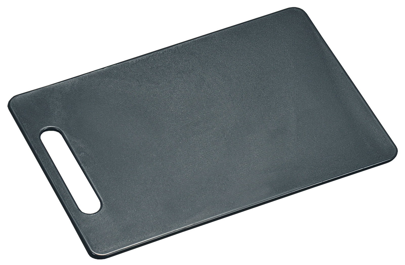 Homeware Schneidebrett Schwarzes Schneidebrett aus PE-Kunststoff mit Griffloch, schräg von oben fotografiert.