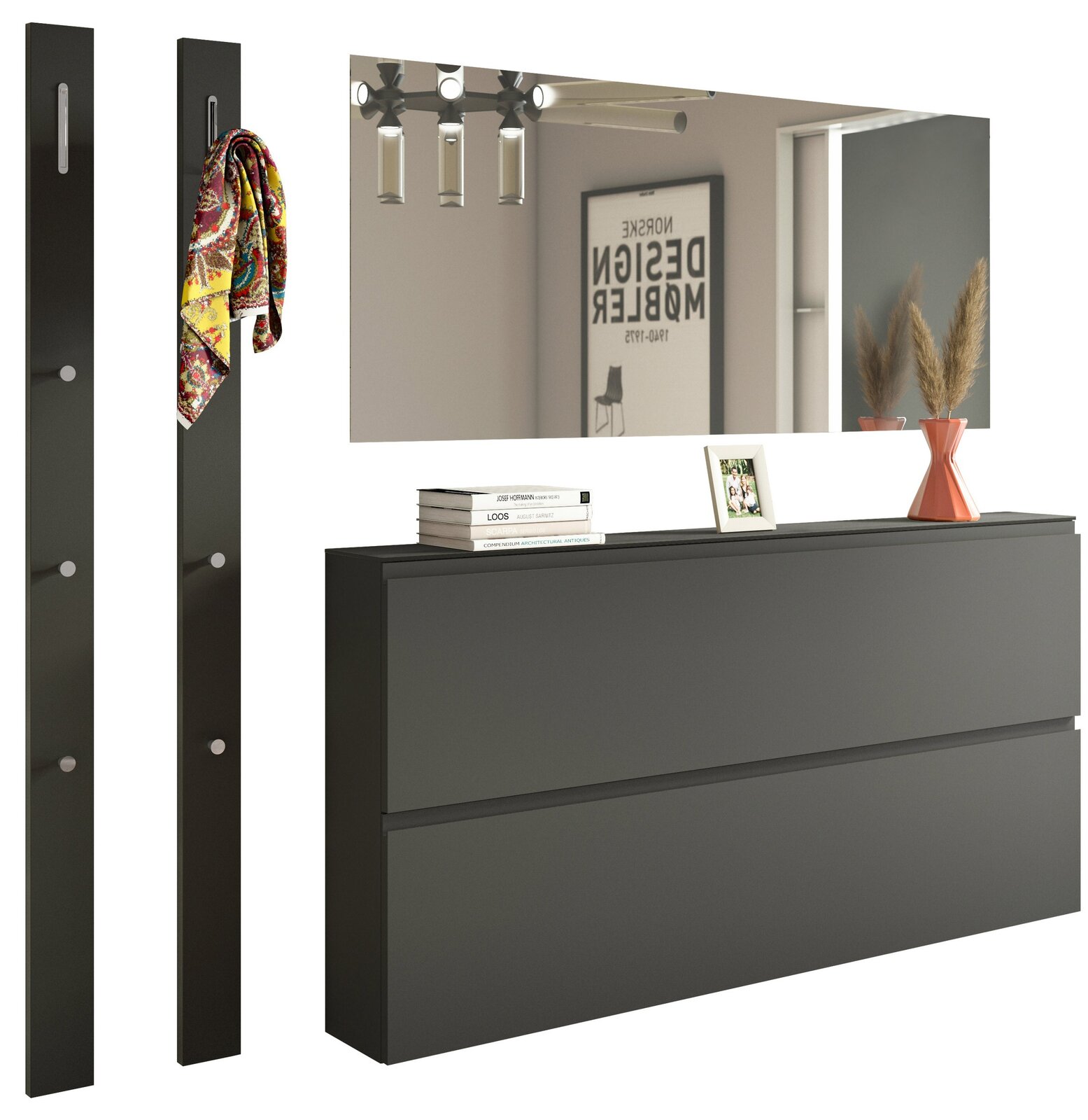 Moderano Garderoben-Set LECCO Modernes Garderobenset in schwarzem Design mit zwei vertikalen Paneelen, einem großen Spiegel und einer Kommode, seitliche Perspektive.