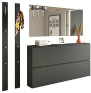 Modernes Garderobenset in schwarzem Design mit zwei vertikalen Paneelen, einem großen Spiegel und einer Kommode, seitliche Perspektive.