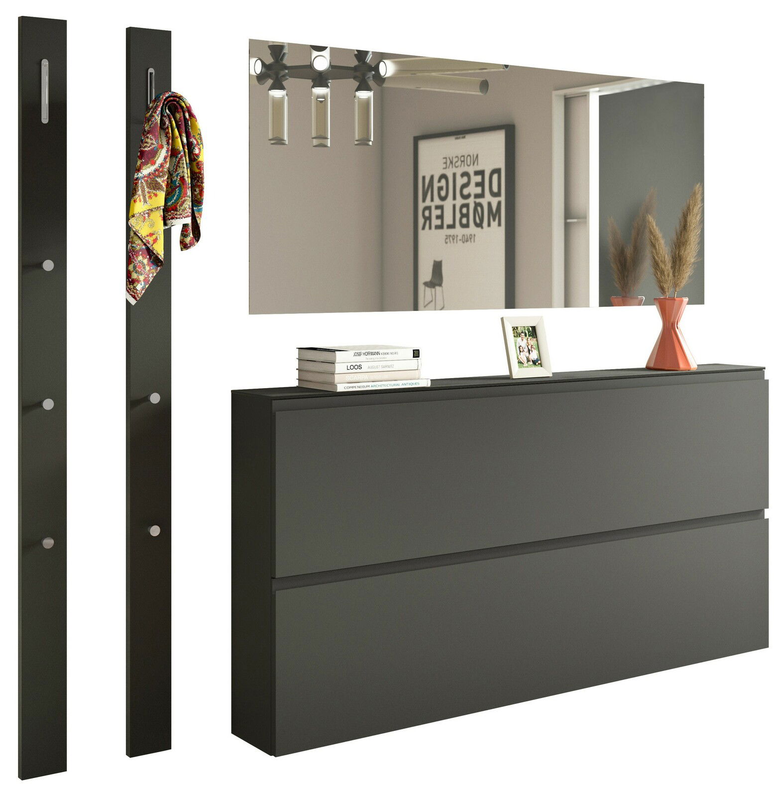 Modernes Garderobenset in schwarzem Design mit zwei vertikalen Paneelen, einem großen Spiegel und einer Kommode, seitliche Perspektive.
