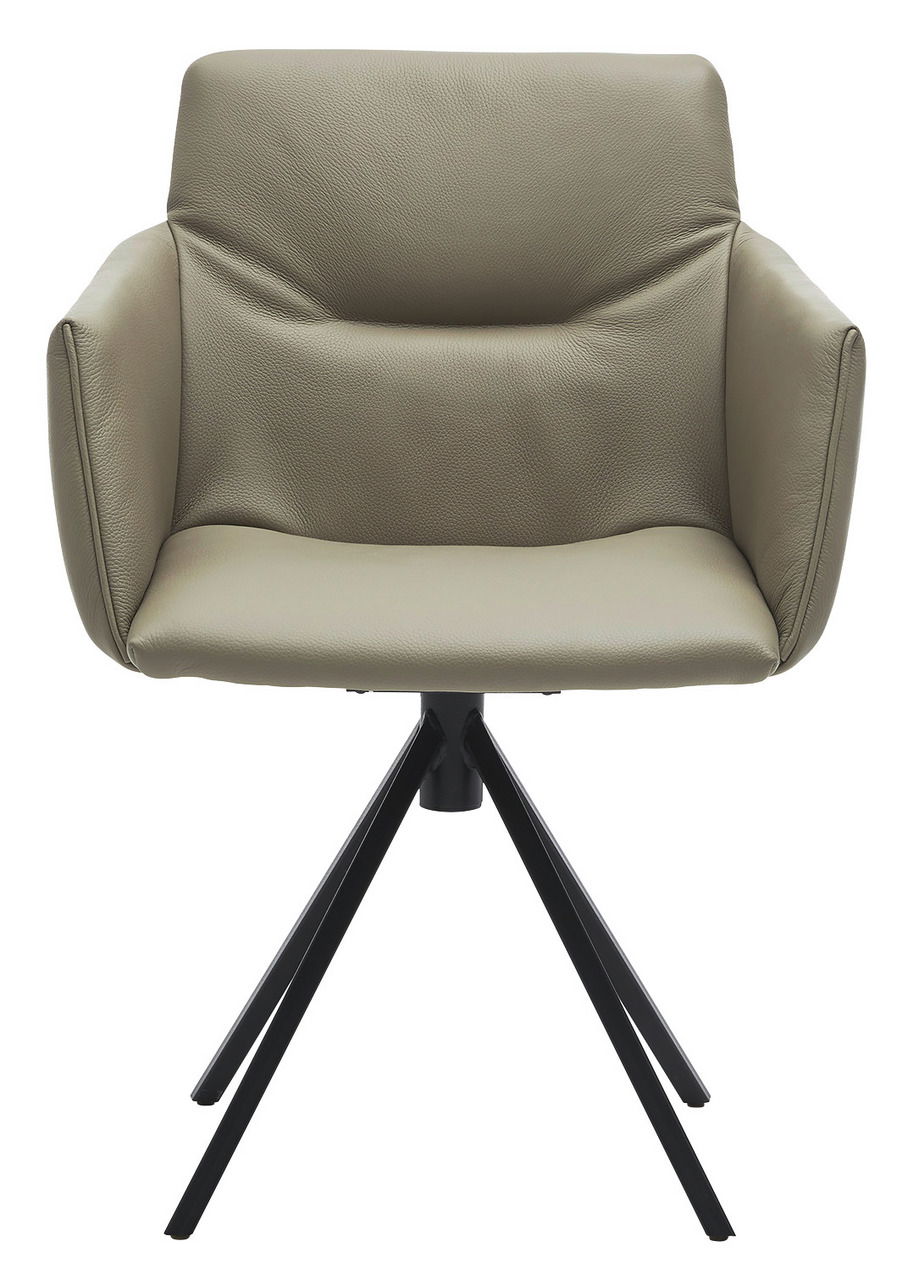 Moderner Sessel mit beigem Lederbezug und schwarzem Metallgestell, Frontalansicht