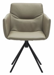 Moderne fauteuil met beige lederen bekleding en een zwart metalen frame, vooraanzicht
