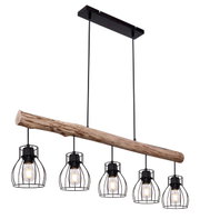 Hanglamp met vijf gloeilampen in zwarte draadkooien, bevestigd aan een rustieke houten staaf, zijaanzicht