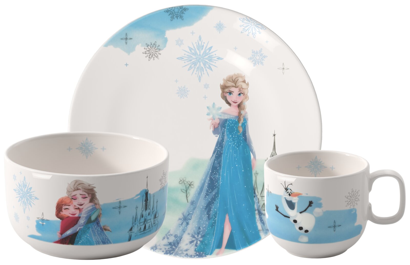 Disney Frozen Geschirrset aus Porzellan mit Teller, Schale und Tasse, Motiv Elsa, Anna und Olaf mit Schneeflocken in Blau-Weiß, frontal in leicht schräger Perspektive fotografiert