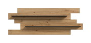 Wandregal-Set mit zwei schwebenden, schwarzen Metallablagen auf einer dekorativen Holzpaneel-Rückwand, frontal von vorne aufgenommen.