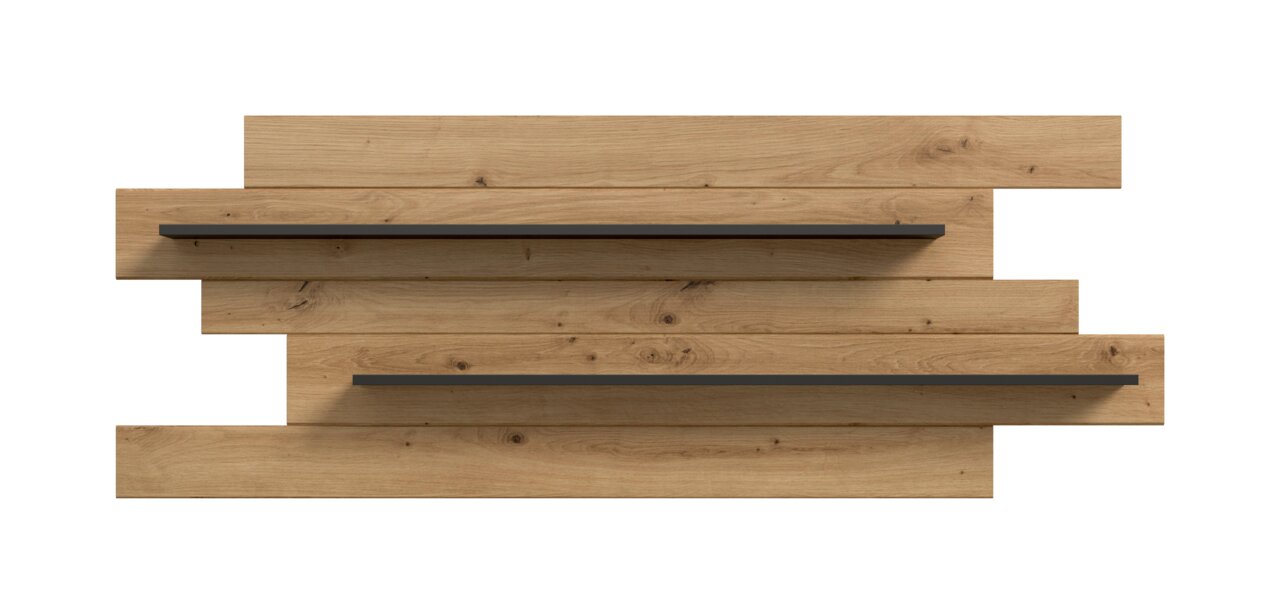 Wandregal-Set mit zwei schwebenden, schwarzen Metallablagen auf einer dekorativen Holzpaneel-Rückwand, frontal von vorne aufgenommen.