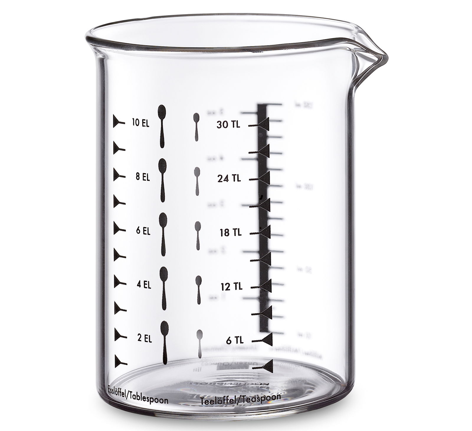 Messbecher aus Glas mit Skala für Esslöffel und Teelöffel, seitliche Perspektive