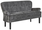 Graue Sitzbank mit Knopfdetails auf der Rückenlehne, seitliche Perspektive