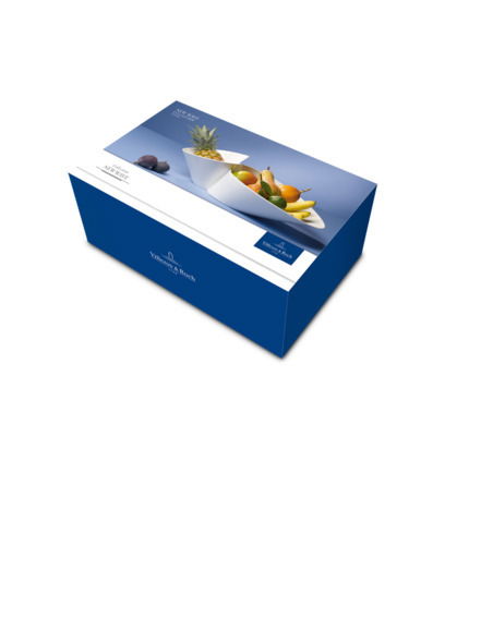 Verpackung der Eye-cat.Dopp. bol 49x27cm von schräg oben, zeigt eine stilvolle Schale mit Obst.