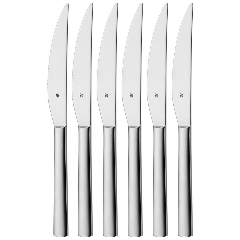 WMF Steakmesser 6er-Set NUOVA Sechs elegante Steakmesser aus Edelstahl in einer frontalen Ansicht, perfekt für den stilvollen Genuss von Fleischgerichten.