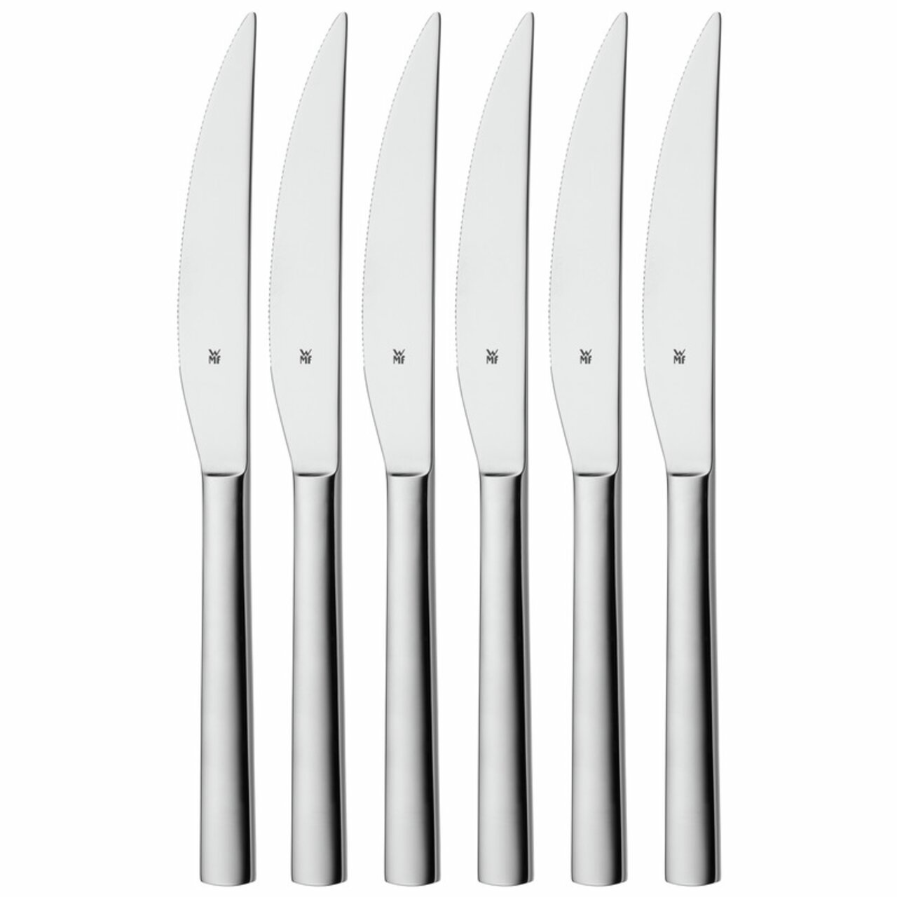 Sechs elegante Steakmesser aus Edelstahl in einer frontalen Ansicht, perfekt für den stilvollen Genuss von Fleischgerichten.