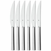Sechs elegante Steakmesser aus Edelstahl in einer frontalen Ansicht, perfekt für den stilvollen Genuss von Fleischgerichten.