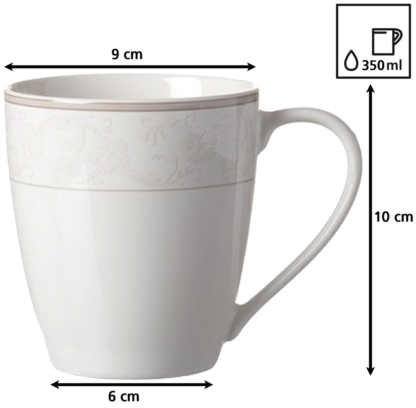 Weißer Kaffeebecher Isabella 350ml mit elegantem Muster, seitliche Ansicht