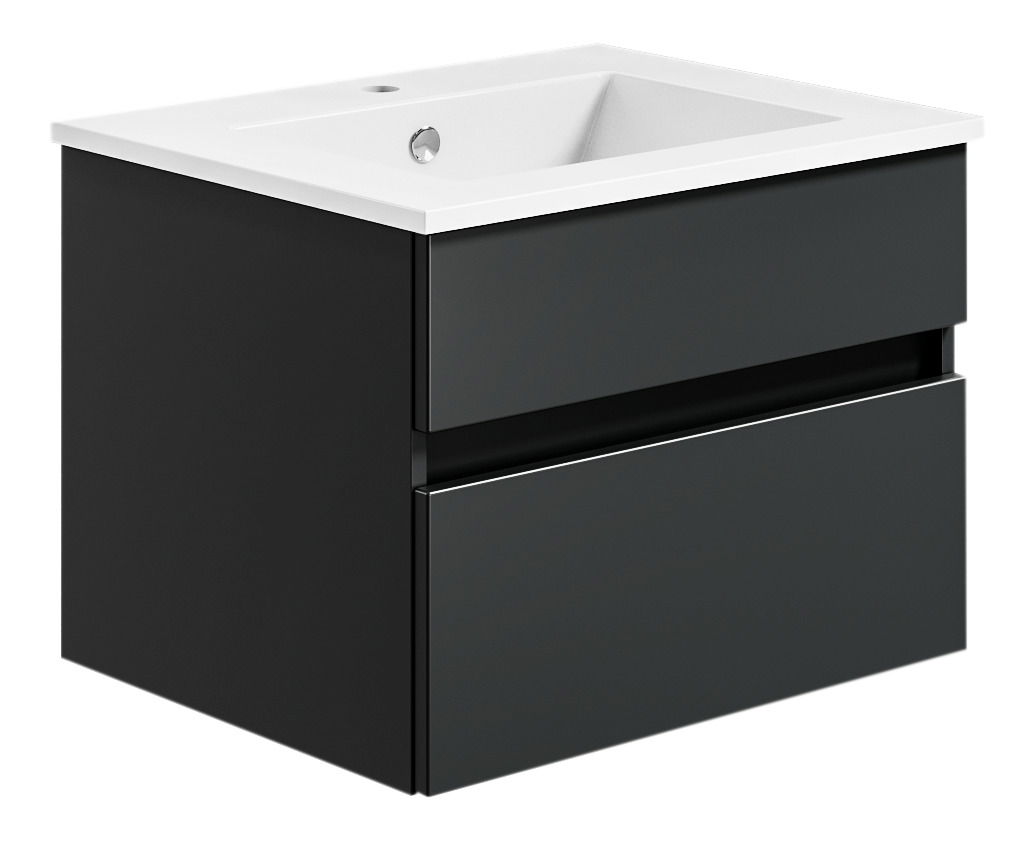 Moderne schwarze Badkombination mit Waschbecken, seitliche Perspektive