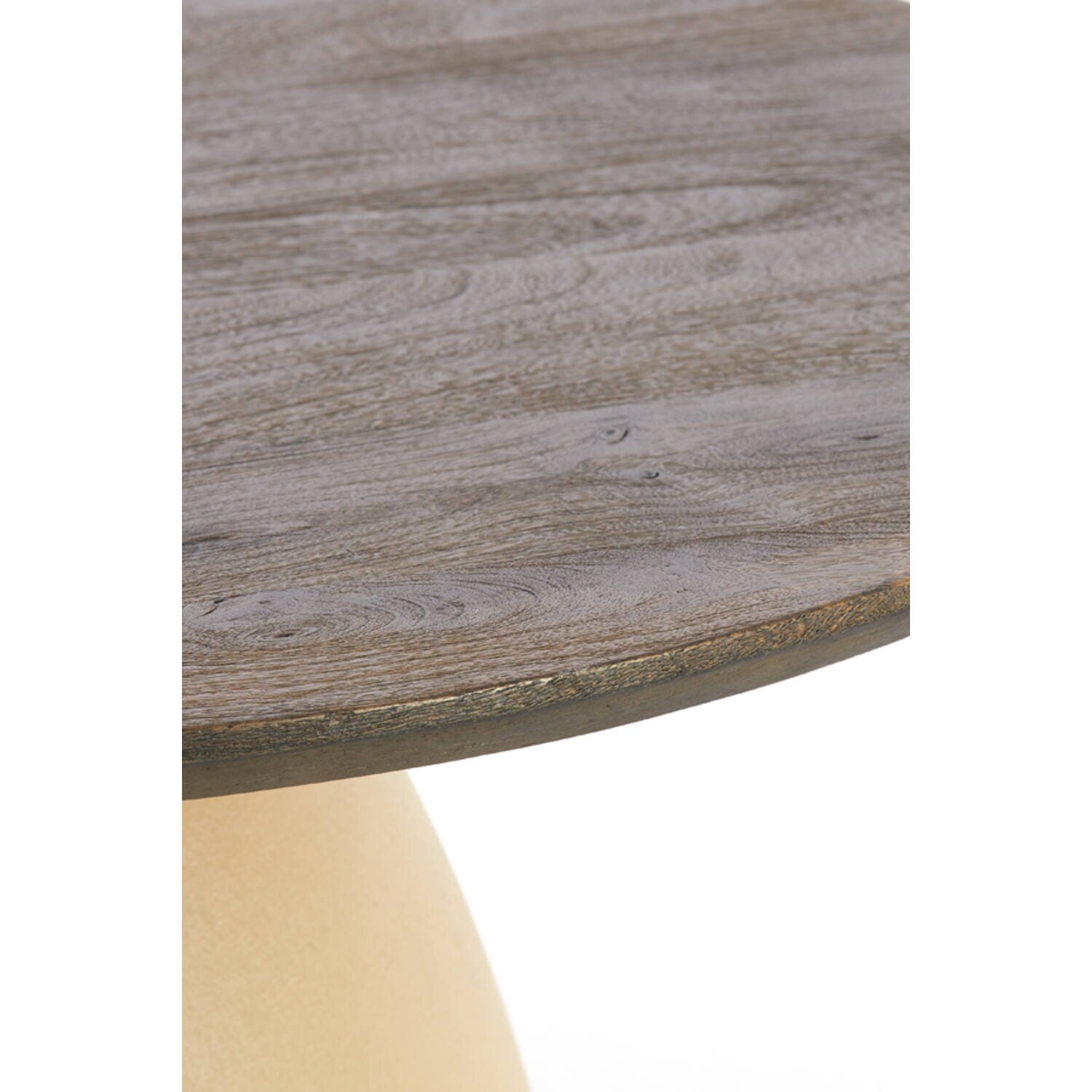 Detailaufnahme einer runden Tischplatte in Holzoptik mit sichtbarer Maserung und abgerundeter Kante, perspektivisch von schräg oben
