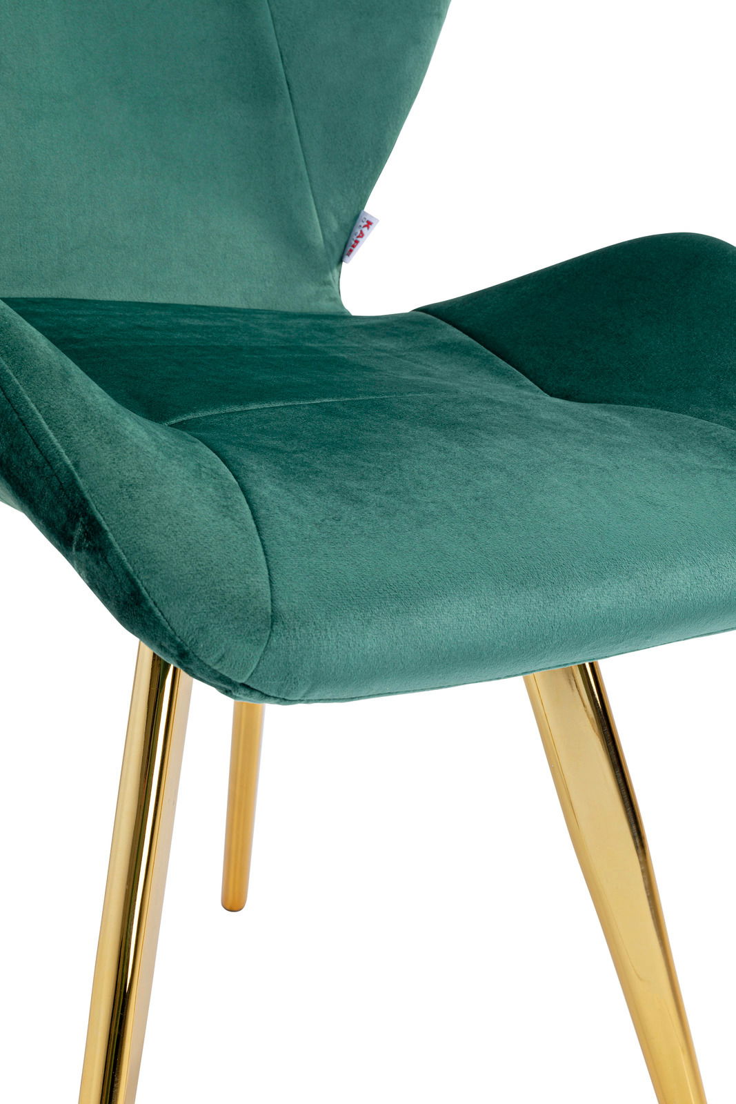 Grüner Stuhl mit goldenen Beinen, seitliche Perspektive