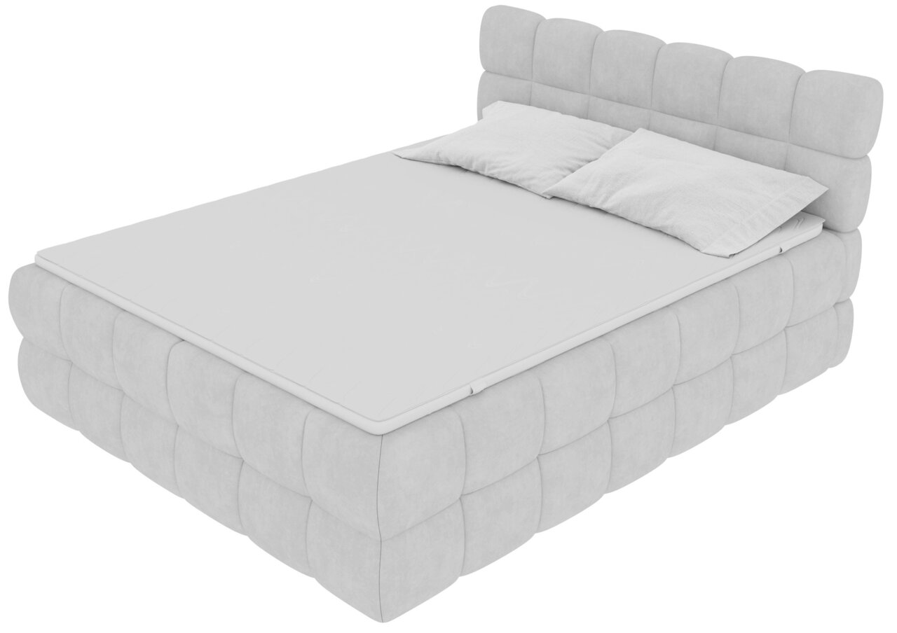 Gepolstertes Bett in Hellgrau mit gestepptem Rahmen und hohem Kopfteil, mit Matratze und zwei Kissen, schräg von vorne links in leichter Draufsicht freigestellt auf weißem Hintergrund