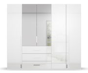 Moderner weißer Drehtürenschrank mit Spiegeln und Schubladen, Frontalansicht