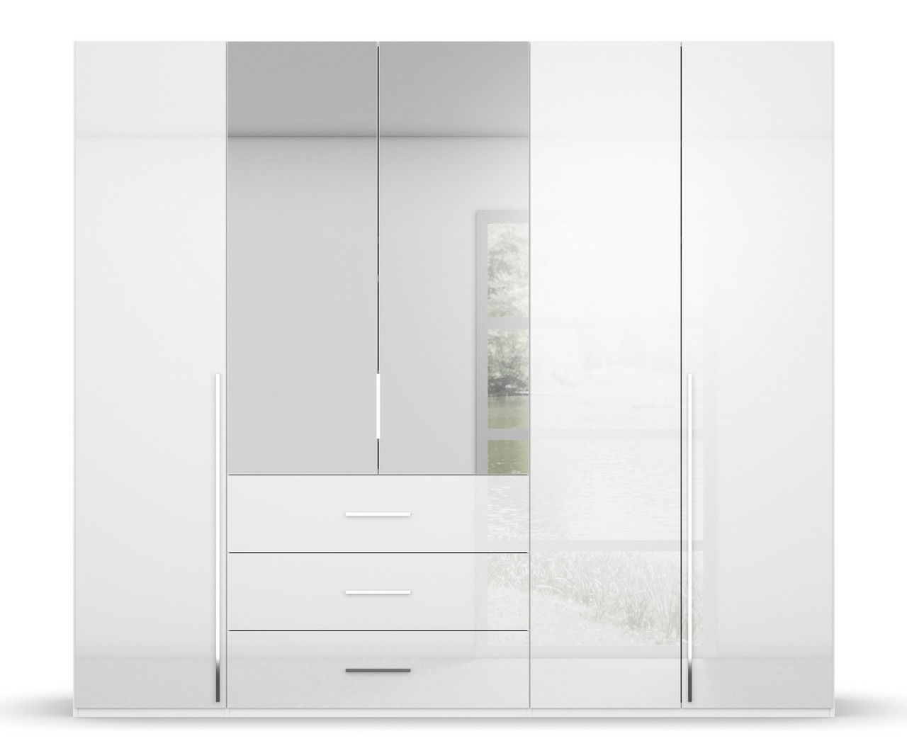 Moderner weißer Drehtürenschrank mit Spiegeln und Schubladen, Frontalansicht