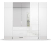 Moderne witte kast met draaideuren, spiegels en lades, vooraanzicht