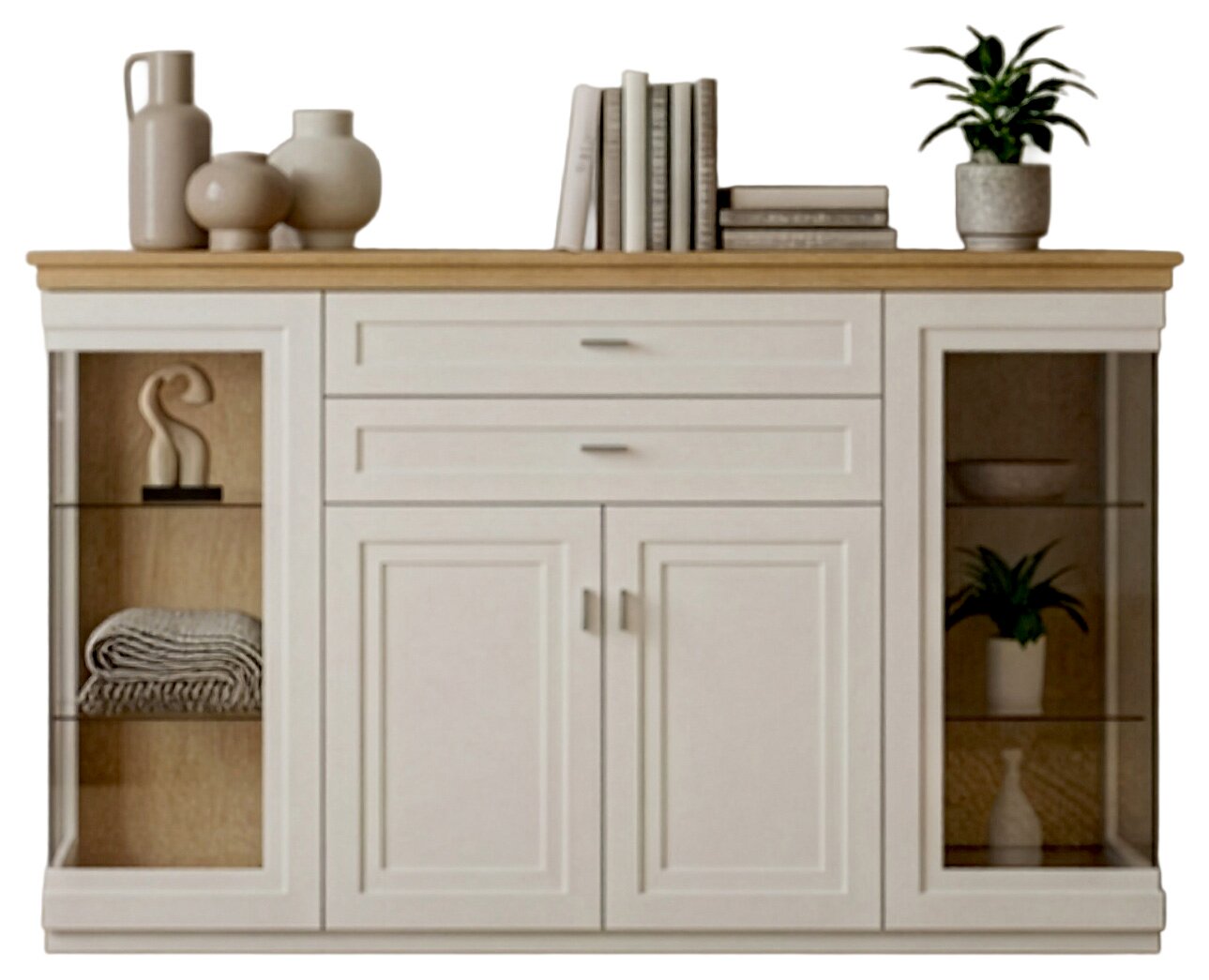 Weiße Sideboard-Kommode mit Holzplatte, zwei Schubladen, zwei Türen und seitlichen Glasvitrinen, dekoriert mit Vasen, Büchern und Pflanzen, Frontansicht