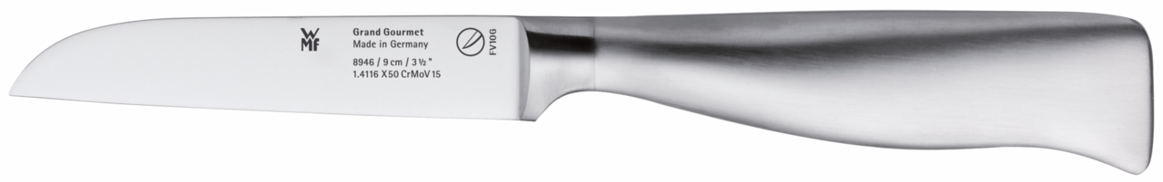 Seitenansicht eines WMF Grand Gourmet Messers mit Edelstahlgriff und Klinge, Made in Germany, 9 cm Länge.